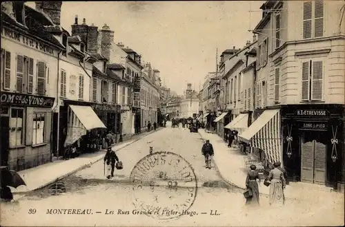 Ak Montereau Seine et Marne, Les Rues Grande et Victor Hugo