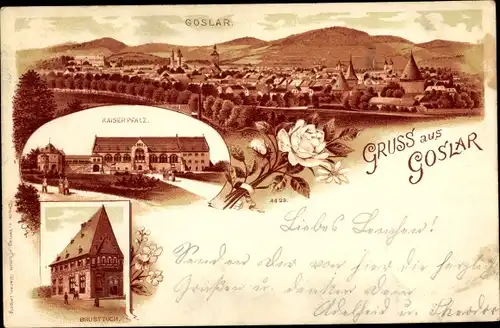 Litho Goslar in Niedersachsen, Panorama vom Ort, Kaiserpfalz, Brusttuch