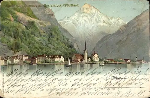 Litho Flüelen Kanton Uri Schweiz, Urnersee, Bristenstock, Blick auf den Ort, Berggesicht