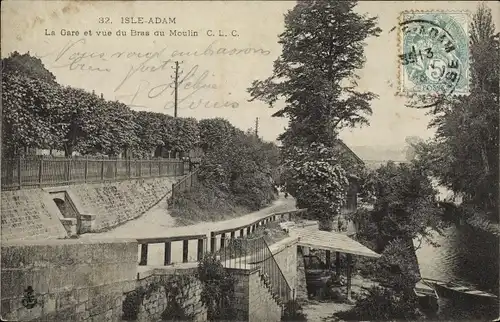 Ak L'Isle Adam Val d’Oise, La Gare et vue du Bras du Moulin