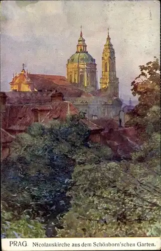 Künstler Ak Setelik, J., Praha Prag Tschechien, Nicolauskirche aus dem Schönborn'schen Garten