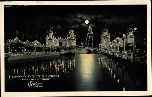 Mondschein Ak Cleveland Ohio USA, Lagoon and Chute The Chutes, Luna Park at Night