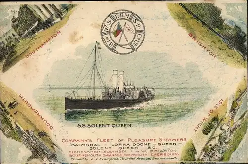 Litho Dampfschiff Solent Queen, Pleasure Steamer, Brighton, Isle of Wight, Southampton