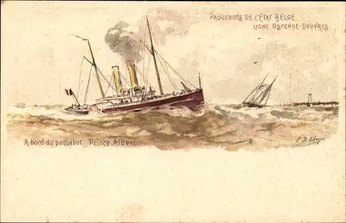 Ganzsachen Künstler Litho Belgien, Fährschiff Prince Albert, Linie Ostende Dover