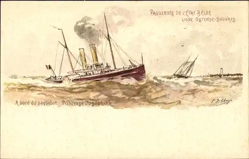Ganzsachen Künstler Litho Belgien, Fährschiff Princesse Josephine, Linie Ostende Dover