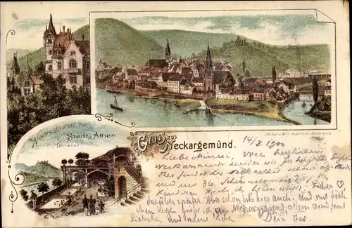 Litho Neckargemünd am Neckar, Weinrestaurant zur Stadt Athen, Terrasse, Panorama vom Ort