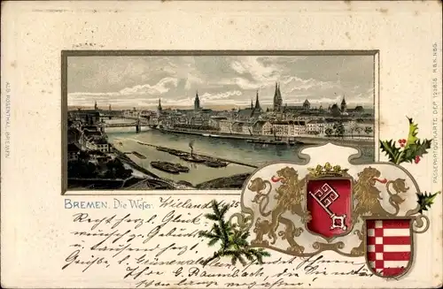 Präge Wappen Passepartout Ak Hansestadt Bremen, Die Weser, Panorama vom Ort