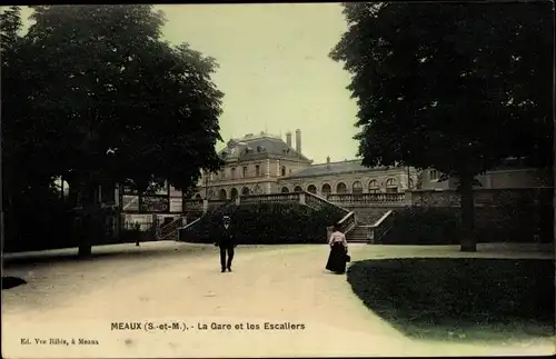 Ak Meaux Seine-et-Marne, La Gare et les Escaliers