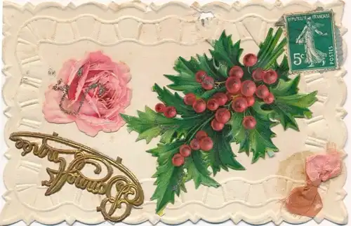 Glitzer Präge Ak Glückwunsch Neujahr, Stechpalmenzweig, Rose