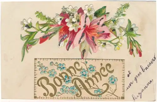 Glitzer Ak Glückwunsch Neujahr, Blumen