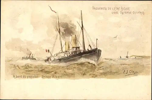 Ganzsachen Künstler Litho Belgien, Fährschiff Prince Albert, Linie Ostende Dover