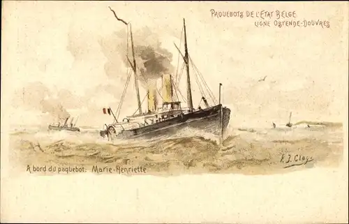 Ganzsachen Künstler Litho Belgien, Fährschiff Marie Henriette, Linie Ostende Dover