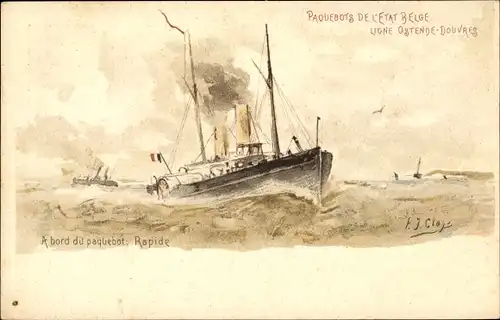 Ganzsachen Künstler Litho Belgien, Fährschiff Rapide, Linie Ostende Dover