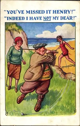 Künstler Ak You've missed it Henry, Golfer auf dem Golfplatz, Frau im Badeanzug