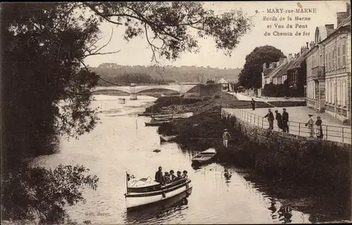 Ak Mary sur Marne Seine et Marne, Bords de la Marne et Vue du Pont du Chemin de fer