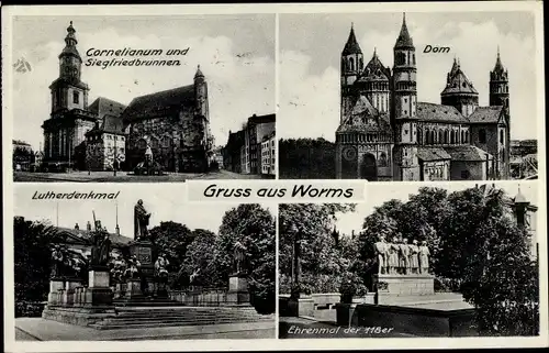 Ak Worms am Rhein, Cornelianum, Siegfriedbrunnen, Dom, Lutherdenkmal, Ehrenmal der 118er