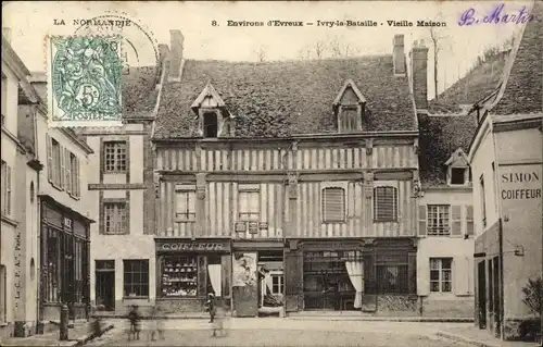 Ak Ivry la Bataille Eure, Vieille Maison, Simon Coiffeur