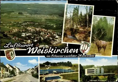 Ak Weiskirchen im Saarland, Fliegeraufnahme, Hochwild, Holzbachtal, Strassenansicht, Sanatorium, Bad