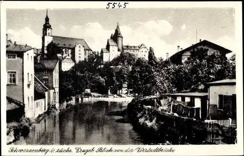 Ak Schwarzenberg Erzgebirge, Kirche und Schloss von der Vorstadtbrücke aus gesehen