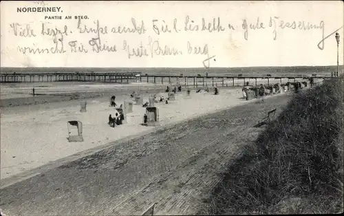 Ak Norderney in Ostfriesland, Partie am Steg, Strand