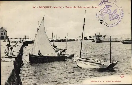 Ak Becquet Manche, Barque de peche sortant du port