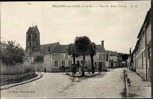Ak Villiers sous Grez Seine-et-Marne, Place des Trois Tilleuls