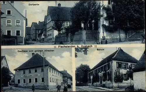 Ak Flachslanden in Mittelfranken, Gasthaus zum goldenen Hirschen, Dorfpartie, Schule