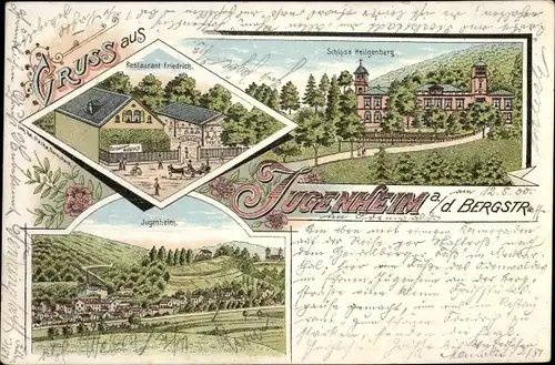 Litho Jugenheim an der Bergstrasse Hessen, Restaurant Friedrich, Schloss Heiligenberg