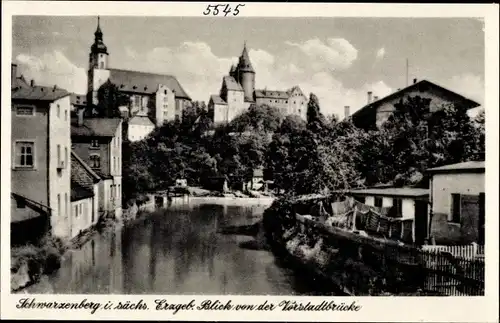 Ak Schwarzenberg Erzgebirge, Blick nach Kirche und Schloss von der Vorstadtbrücke