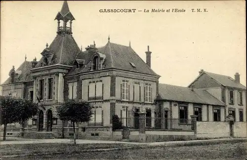 Ak Gassicourt Yvelines, La Mairie et l'Ecole