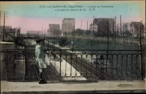 Ak La Garenne Colombes Hauts de Seine, Le pont du Commerce et la ligne du chemin de fer