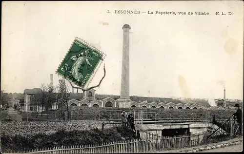 Ak Essonnes Essonne, La Papeterie ,vue de Villabé, cheminée