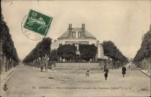 Ak Corbeil Essonne, Rue Champlouis et Avenue du Président Carnot