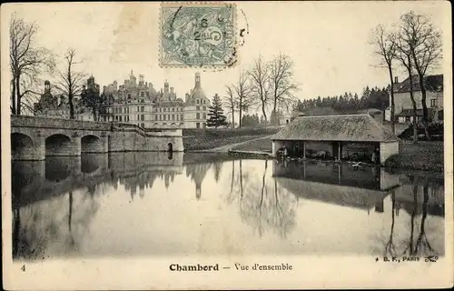 Ak Chambord Loir et Cher, vue d'ensemble, eau, pont, château