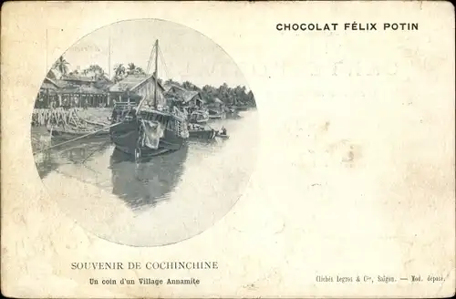 Ak Cochinchine Vietnam, Un coin d'un Village Annamite, Chocolat Felix Potin, Reklame