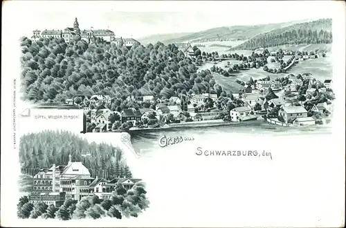 Litho Schwarzburg in Thüringen, Blick auf den Ort, Hotel Weißer Hirsch