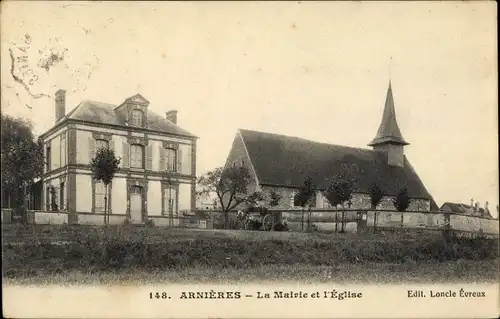 Ak Arnieres Eure, La Mairie et l'Eglise