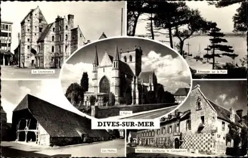 Ak Dives sur Mer Calvados, La Lieutenance, Les Halles, Echappee sur le Port, Hostellerie, L'Eglise