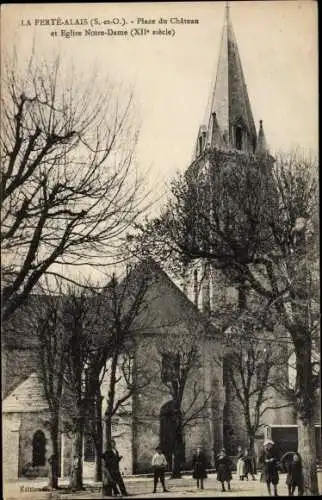 Ak La Ferté Alais Essonne, Place du Château, Eglise Notre Dame du XIIe siècle