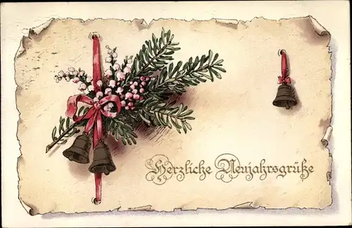 Litho Glückwunsch Neujahr, Tannenzweige, Glocken, Blüten