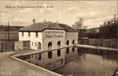 Ak Borgholzhausen Nordrhein Westfalen, Jugendherberge Städt. Freibad