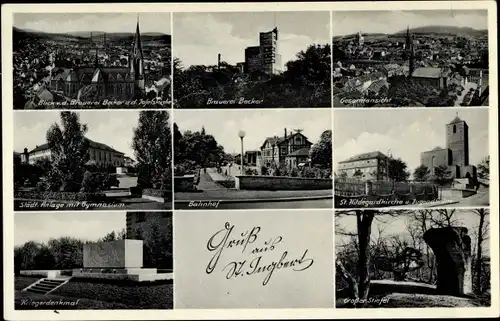 Ak Sankt Ingbert im Saarland, Brauerei Becker, Gymnasium, Kriegerdenkmal, Großer Stiefel