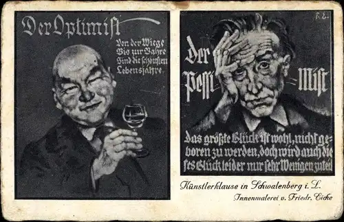 Künstler Ak Eiche, F., Schwalenberg in Lippe, Künstlerklause H. Niederbracht, Optimist, Pessimist