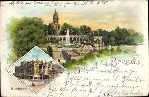 Litho Wrocław Breslau in Schlesien, Stadttheater, Liebichshöhe