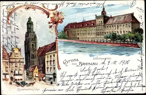 Litho Wrocław Breslau in Schlesien, Universität, Elisabethkirche