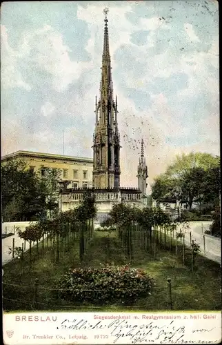 Ak Wrocław Breslau in Schlesien, Siegesdenkmal mit Realgymnasium zum heiligen Geist, Trenkler 19 722