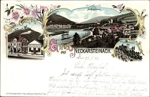 Litho Neckarsteinach in Hessen, Blick auf den Ort, Café