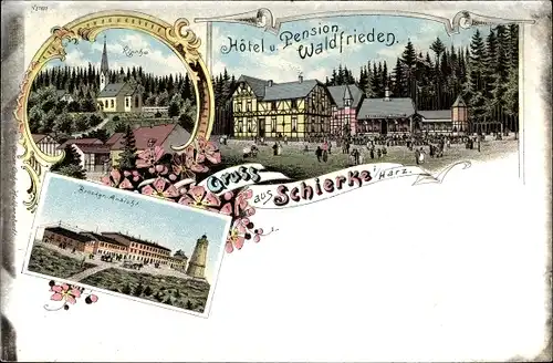 Litho Schierke Wernigerode am Harz, Hotel und Pension Waldfrieden, Brocken, Kirche