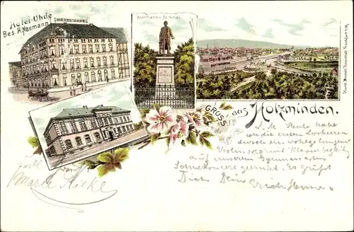 Litho Holzminden an der Weser, Hotel Uhde, Gymnasium, Blick auf den Ort, Denkmal