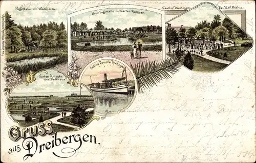 Litho Dreibergen Bad Zwischenahn in Niedersachsen, Gasthof, Kegelbahn mit Waldpartie